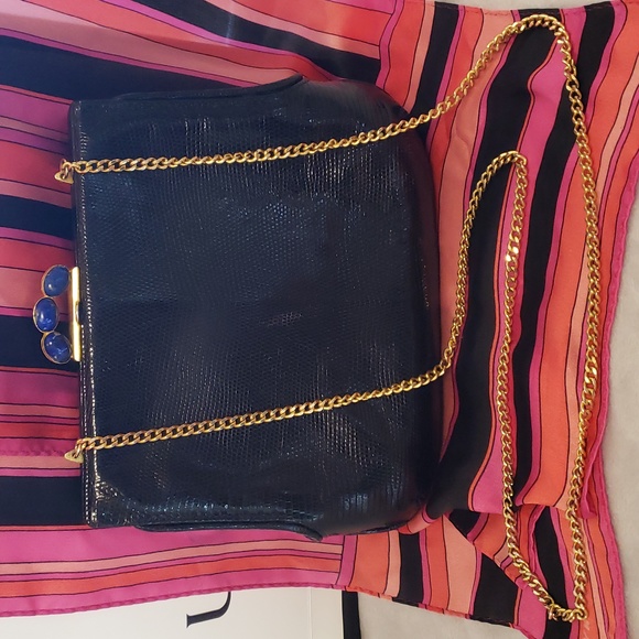 Gucci Vintage Rare Black Lizzard LAPIS STONE Beads Shoulder Clutch Bag GORGEOUS! - Picture 15 of 15